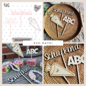 SVG Laser Datei Schulkind Cake Topper 3er Set ABC Schultüte Text Einschulung Laserdatei SVG Datei