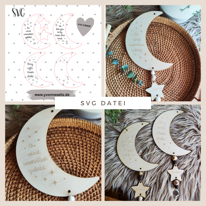 SVG Laser Datei Mond zum Hängen 4in1 Sonnenfänger Mobile Geschenk für Kinder SVG Datei