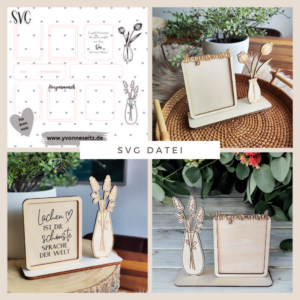 SVG Laser Datei Aufsteller Fotorahmen mit Blumenvasen für 3mm und 4mm Holz SVG Datei