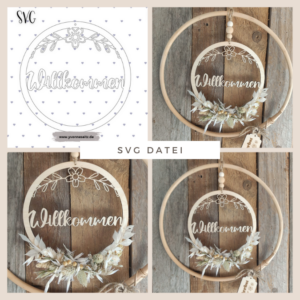 SVG Laser Datei Kranz Türkranz Willkommen mit Blumen Laserdatei SVG Datei