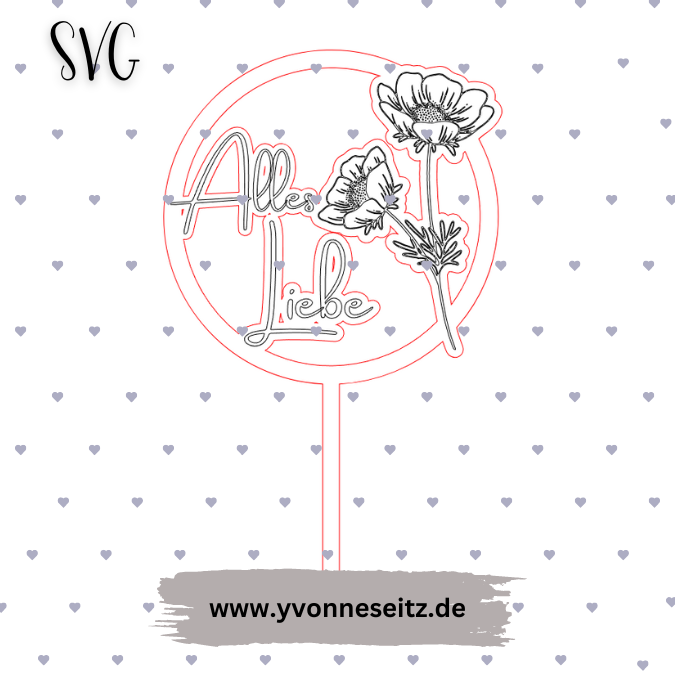 SVG Laser Datei Caketopper Pflanzenstecker Alles Liebe mit Blumen Geburtstag SVG Datei – Bild 2