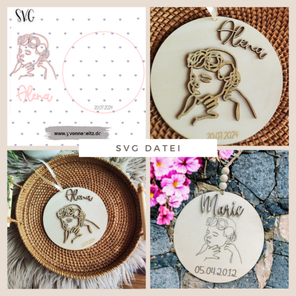 SVG Laser Datei Holzscheibe Baby 3D Effekt Mädchen mit Blumen Cut Geburt Geschenkidee Laserdatei SVG Datei