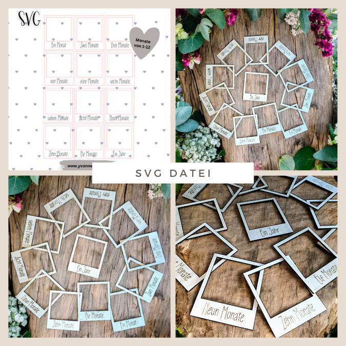 SVG Laser Datei Retrorahmen Vintagerahmen 12er Set Baby Monatskarten Monate Alter Foto Accessoires Fotoidee SVG Datei