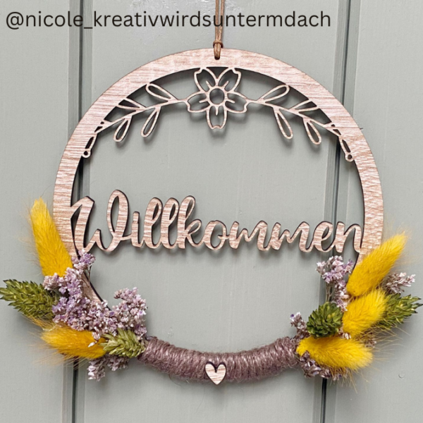 SVG Laser Datei Kranz Türkranz Willkommen mit Blumen Laserdatei SVG Datei – Bild 2