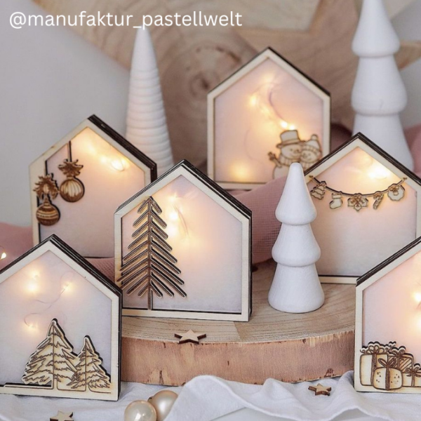 Weihnachten Winter Lichthaus Lichthäuser für Transparentpapier inkl PDF zum ausdrucken Laserdatei SVG Laser Datei – Bild 12