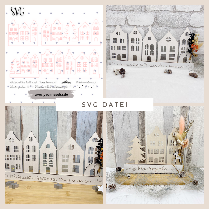 SVG Laser Datei Winter Weihnachtshäuser Winterstadt für Klötzchen Häuser