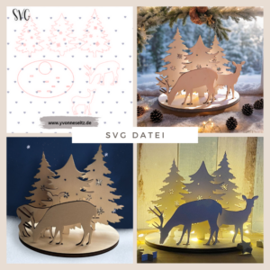 SVG Laser Datei Weihnachtsteller Winterlandschaft Rehe 3 mm