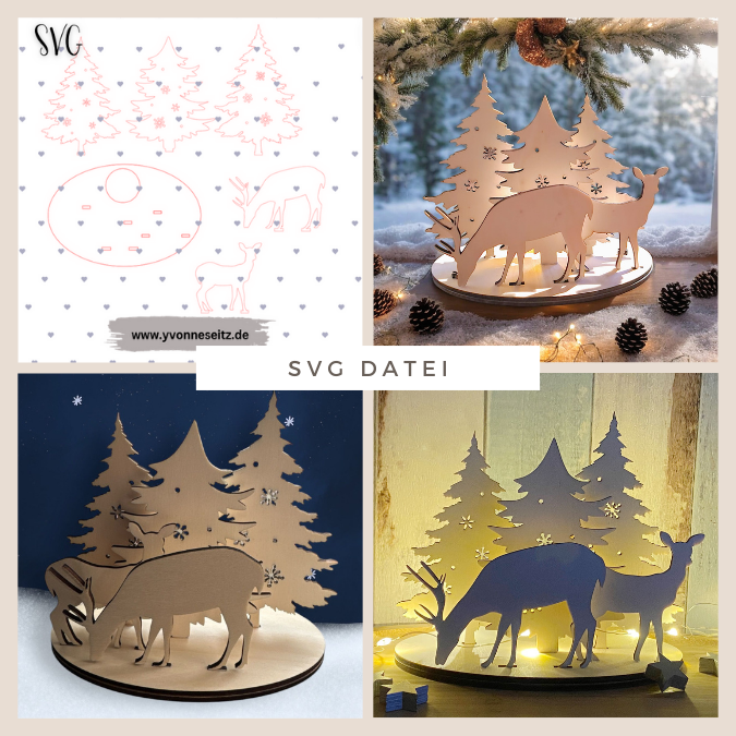 SVG Laser Datei Weihnachtsteller Winterlandschaft Rehe 3 mm