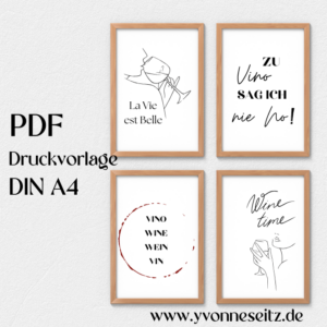 PRINT DRUCKVORLAGE PDF A4 POSTER 4 Stück - Wein Vino Wine- Printable PDF-Datei zum selber drucke