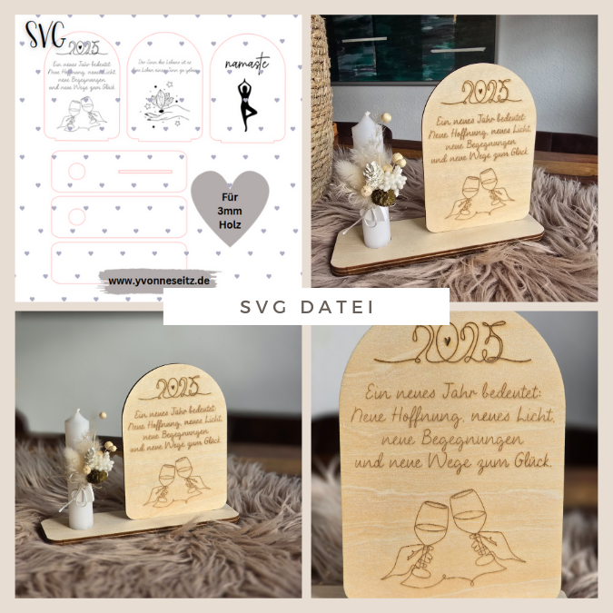 Aufsteller individualisierbar Namaste 3 Designs für Vasen oder Kerzen 3mm SVG Laser Datei