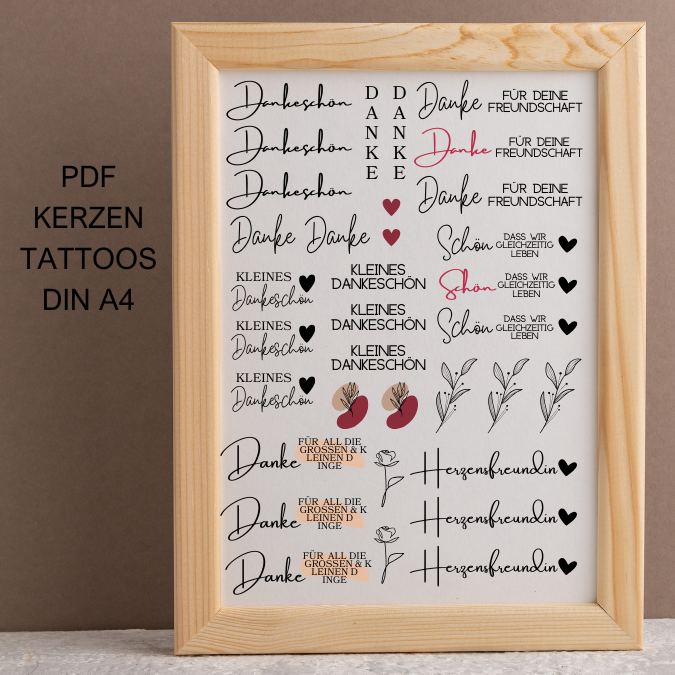 PDF - Kerzentattoo Vorlage - Dankeschön- A4 Kerzentattoos zum selber drucken