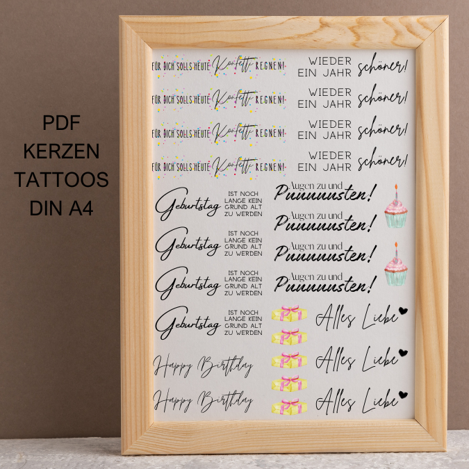 PDF - Kerzentattoo Vorlage - Geburtstag für dich soll es Konfetti regnen- A4 Kerzentattoos zum selber drucken