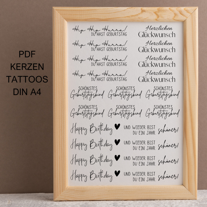 PDF - Kerzentattoo Vorlage - Geburtstag schwarz weiß - A4 Kerzentattoos zum selber drucken