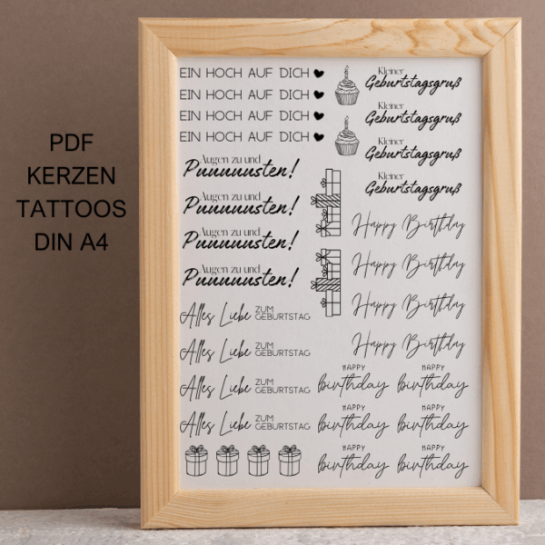 PDF - Kerzentattoo Vorlage - Geburtstag schwarz weiß - A4 Kerzentattoos zum selber drucken