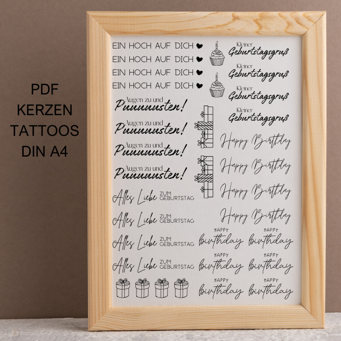 PDF - Kerzentattoo Vorlage - Geburtstag schwarz weiß - A4 Kerzentattoos zum selber drucken
