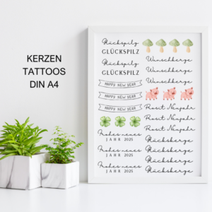 PDF - Kerzentattoo Vorlage - Silvester Glück Neues Jahr Silvesterwünsche- A4 Kerzentattoos zum selber drucken