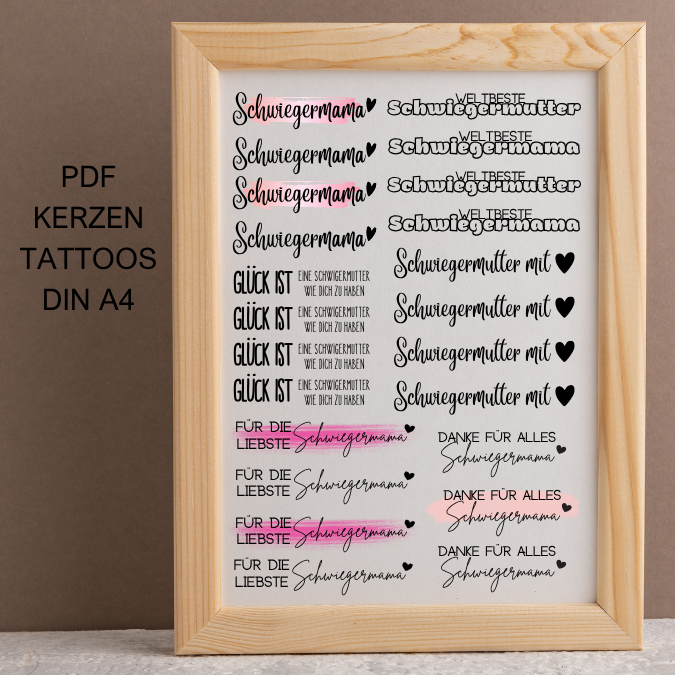 PDF - Kerzentattoo Vorlage - Schwiegermama Schwiegermutter - A4 Kerzentattoos zum selber drucken