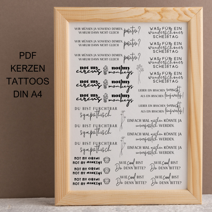 PDF - Kerzentattoo Vorlage - Sprüche Mix- A4 Kerzentattoos zum selber drucken