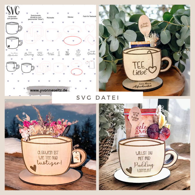 3mm Teetasse mit vielen Designs Geschenkidee Geldgeschenk Gutschein Teeliebe Glühwein Pudding Teebeutel SVG Laser Datei Weihnachtsmarkt Fest