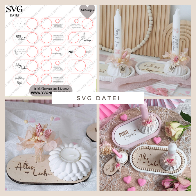 14 Designs SVG Laser Datei Geburtstag Pustekuchen Halter oder Einleger für ovales Tablett Laserdatei