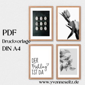 PRINT DRUCKVORLAGE PDF A4 POSTER 4 Stück - FRÜHLING SCHWARZ WEISS - Printable PDF-Datei zum selber drucken