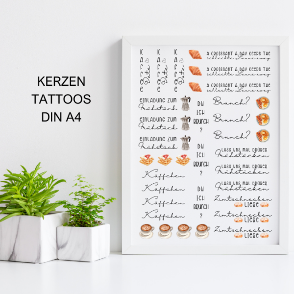 PDF - Kerzentattoo Vorlage - Frühstücksliebe Kaffee Frühstück - A4 Kerzentattoos zum selber drucken