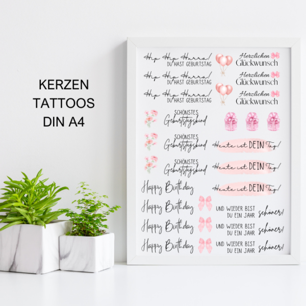PDF - Kerzentattoo Vorlage - Geburtstag rosa - A4 Kerzentattoos zum selber drucken