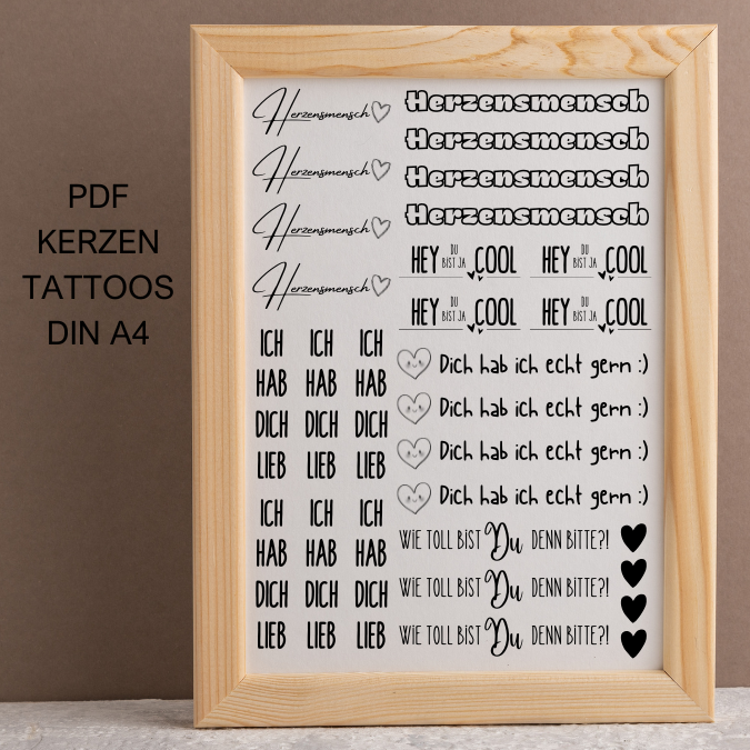 PDF - Kerzentattoo Vorlage - Herzensmensch - A4 Kerzentattoos zum selber drucken
