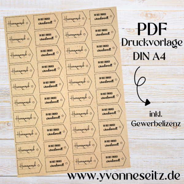 PRINT DRUCKVORLAGE PDF Geschenkanhänger 2 Designs MIDI - HERZENSMENSCH & DU BIST EINFACH WUNDERVOLL - Printable PDF-Datei zum selber drucken