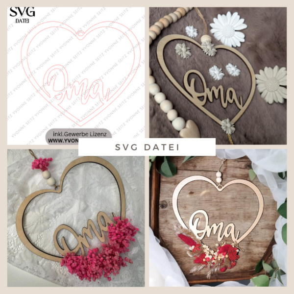 SVG Laser Datei Kranz Herzkranz Oma für Trockenblumen Muttertag Kranz zum aufhängen Laserdatei
