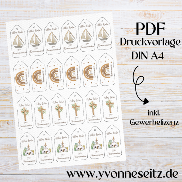 PRINT DRUCKVORLAGE PDF Geschenkanhänger 4 Designs MAXI - Kommunion - Printable PDF-Datei zum selber drucken