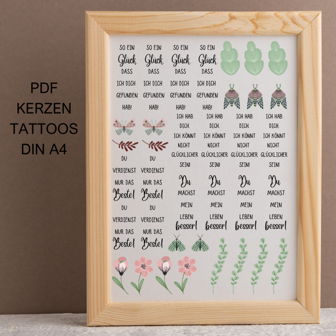 PDF - Kerzentattoo Vorlage - Liebe Worte - A4 Kerzentattoos zum selber drucken