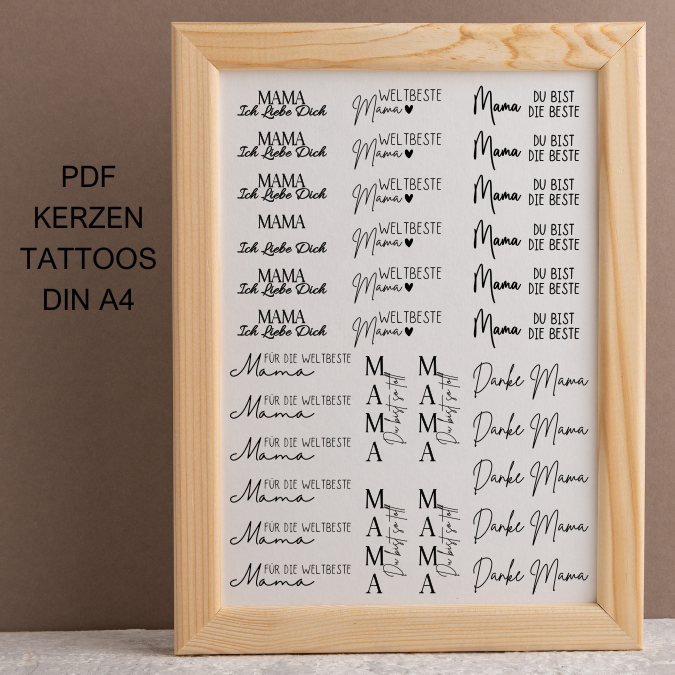 PDF - Kerzentattoo Vorlage - Mama für kurze Kerzen- A4 Kerzentattoos zum selber drucken