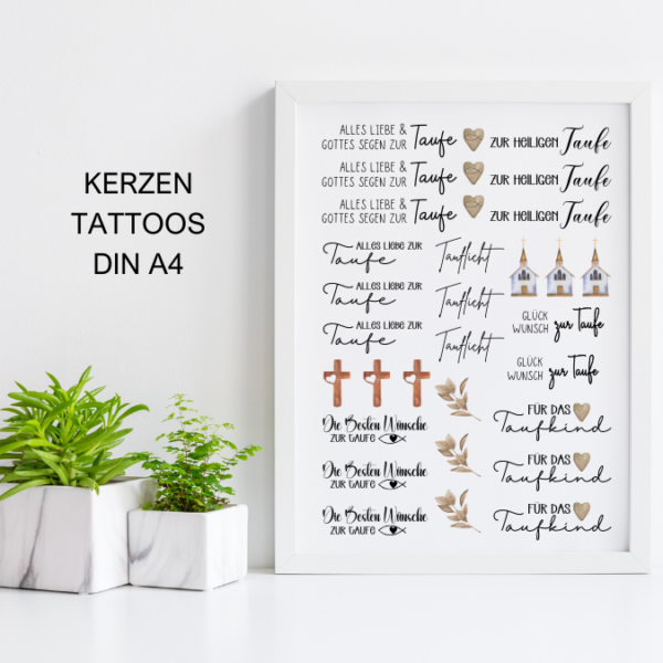 PDF - Kerzentattoo Vorlage - Taufe neutral - A4 Kerzentattoos zum selber drucken