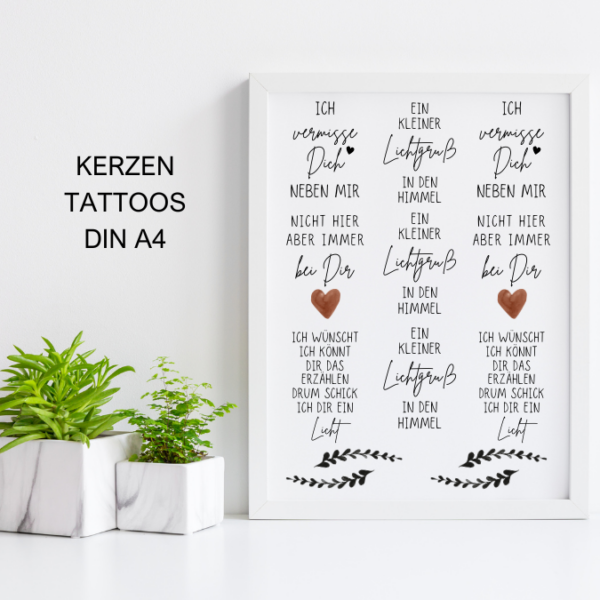 PDF - Kerzentattoo Vorlage - Trauer Kerzen Stumpen Kerzen - A4 Kerzentattoos zum selber drucken