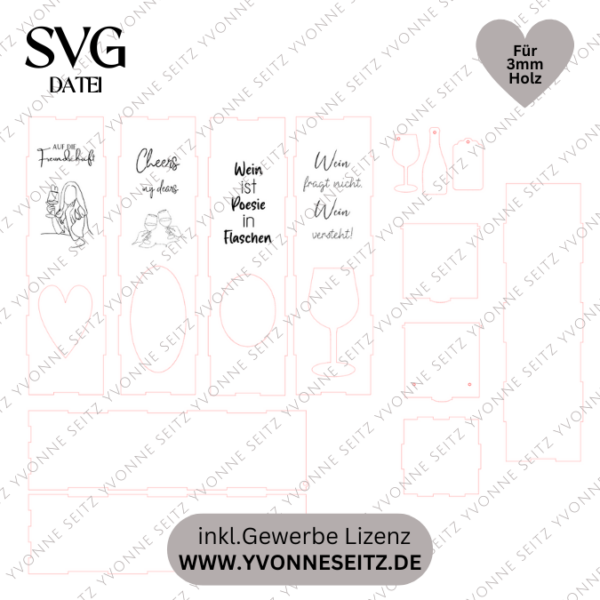 3mm SVG Laser Datei - Flaschenverpackung Weinflaschenbox Geschenkkiste inkl Anhänger für Weinflasche Sektflasche Geschenk Laserdatei – Bild 2