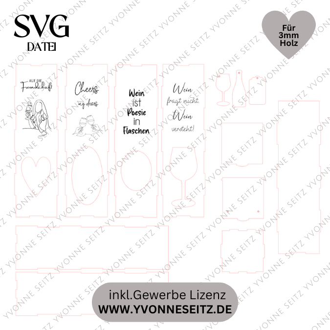 3mm SVG Laser Datei - Flaschenverpackung Weinflaschenbox Geschenkkiste inkl Anhänger für Weinflasche Sektflasche Geschenk Laserdatei – Bild 2