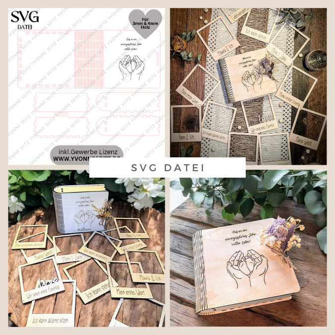 SVG Laser Datei Babybuch Fotoalbum Aufbewahrung Box für Retrorahmen Vintagerahmen Fotos SVG Datei 3mm UND 4mm