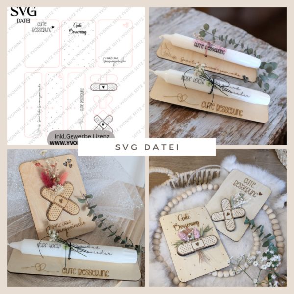 SVG Laser Datei - Gute Besserung Aufmerksamkeit Genesungswünsche Kerzen Halter Karten Grußkarten Laserdatei