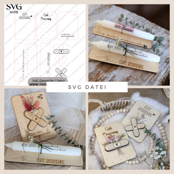 SVG Laser Datei - Gute Besserung Aufmerksamkeit Genesungswünsche Kerzen Halter Karten Grußkarten Laserdatei
