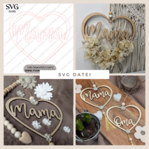 SVG Laser Datei Kranz Herzkranz Mama für Trockenblumen Muttertag Kranz zum aufhängen Laserdatei