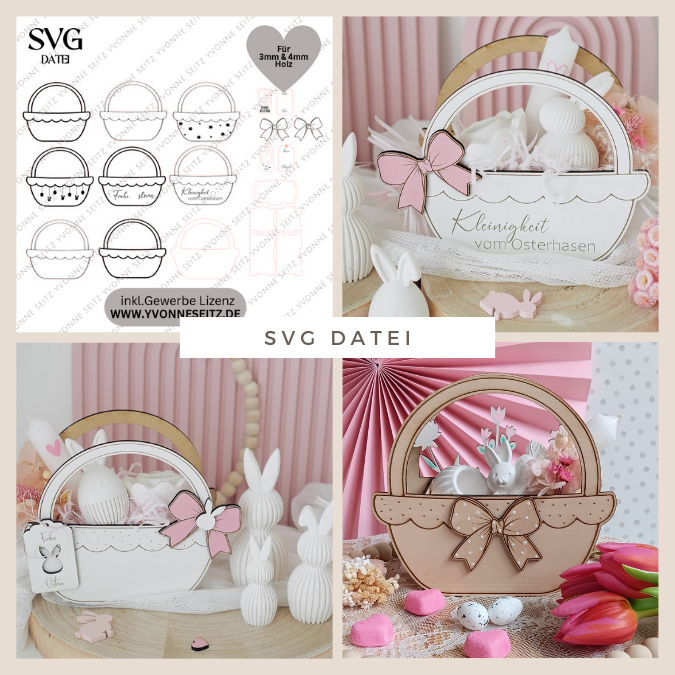 3 mm und 4 mm Ostern Geschenkkörbchen in 6 Designs inkl Anhänger und Deko für Kleinigkeiten Osterhasen Eier Osterkörbchen Ostergeschenk SVG Laserdatei Laserfile Lasercut