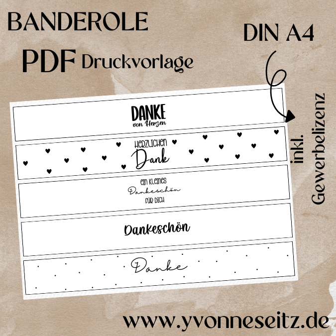 PRINT DRUCKVORLAGE PDF Banderolen 5 Designs - Danke - Printable PDF-Datei zum selber drucken