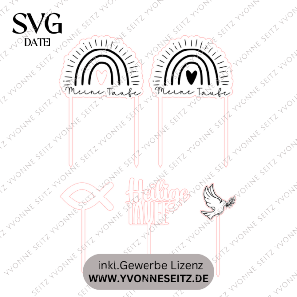 SVG Laser Datei Caketopper Pflanzenstecker zur Taufe Regenbogen 5 Stück Kirche Glaube SVG Datei – Bild 6