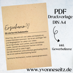 PRINT DRUCKVORLAGE PDF Erzieherin Substantiv - Bedeutung - Geschenkidee Printable PDF Datei zum selber drucken