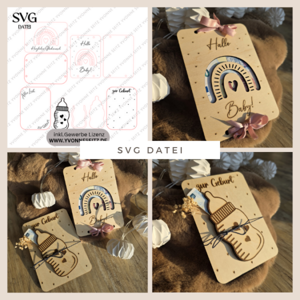SVG Laser Datei Geburt Geldgeschenk Verpackung für Geld 4 Designs Hallo Baby Geldkarten Gutscheinkarten Laserdatei