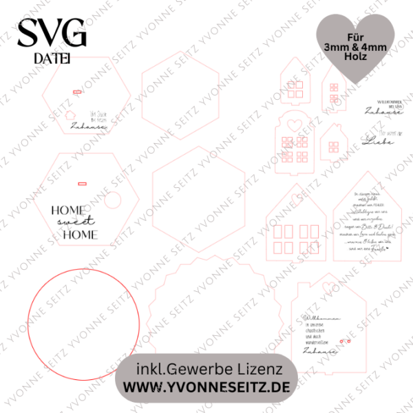SVG Laser Datei - 3mm 4mm Häuschen Teller Aufsteller Dekoscheiben Geschenkscheiben mit Häuschen zum stecken Laserdatei – Bild 2