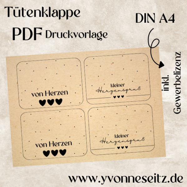 Tütenklappe Verschluss für Tüten PRINT DRUCKVORLAGE PDF Verpackung für Kleinigkeiten 2 Designs Herzensgruß von Herzen Printable PDF Datei zum selber drucken