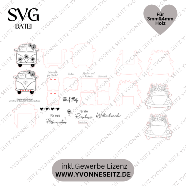 SVG Laser Datei - 3mm 4mm Hochzeitsauto Bulli Bus für Blumen oder Geldgeschenk Geschenkbox Hochzeitsgeschenk Hochzeit Flitterwochen Reiselust Laserdatei – Bild 2