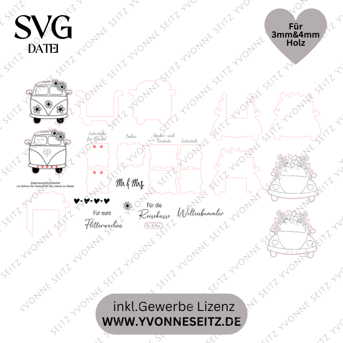 SVG Laser Datei - 3mm 4mm Hochzeitsauto Bulli Bus für Blumen oder Geldgeschenk Geschenkbox Hochzeitsgeschenk Hochzeit Flitterwochen Reiselust Laserdatei – Bild 2